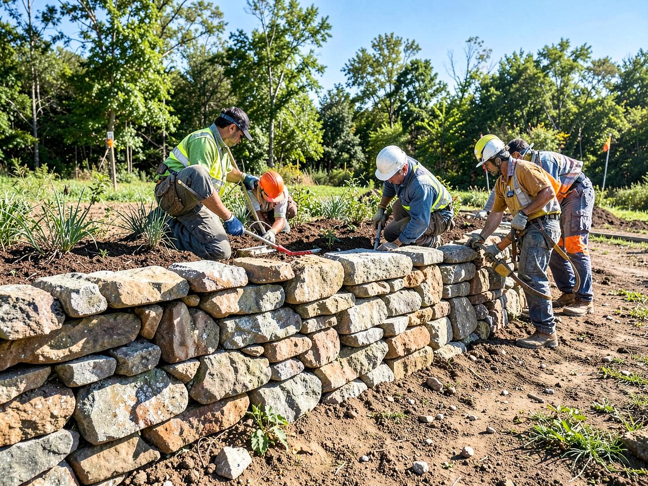 Placeholder: crew building a natural stone retaining wall