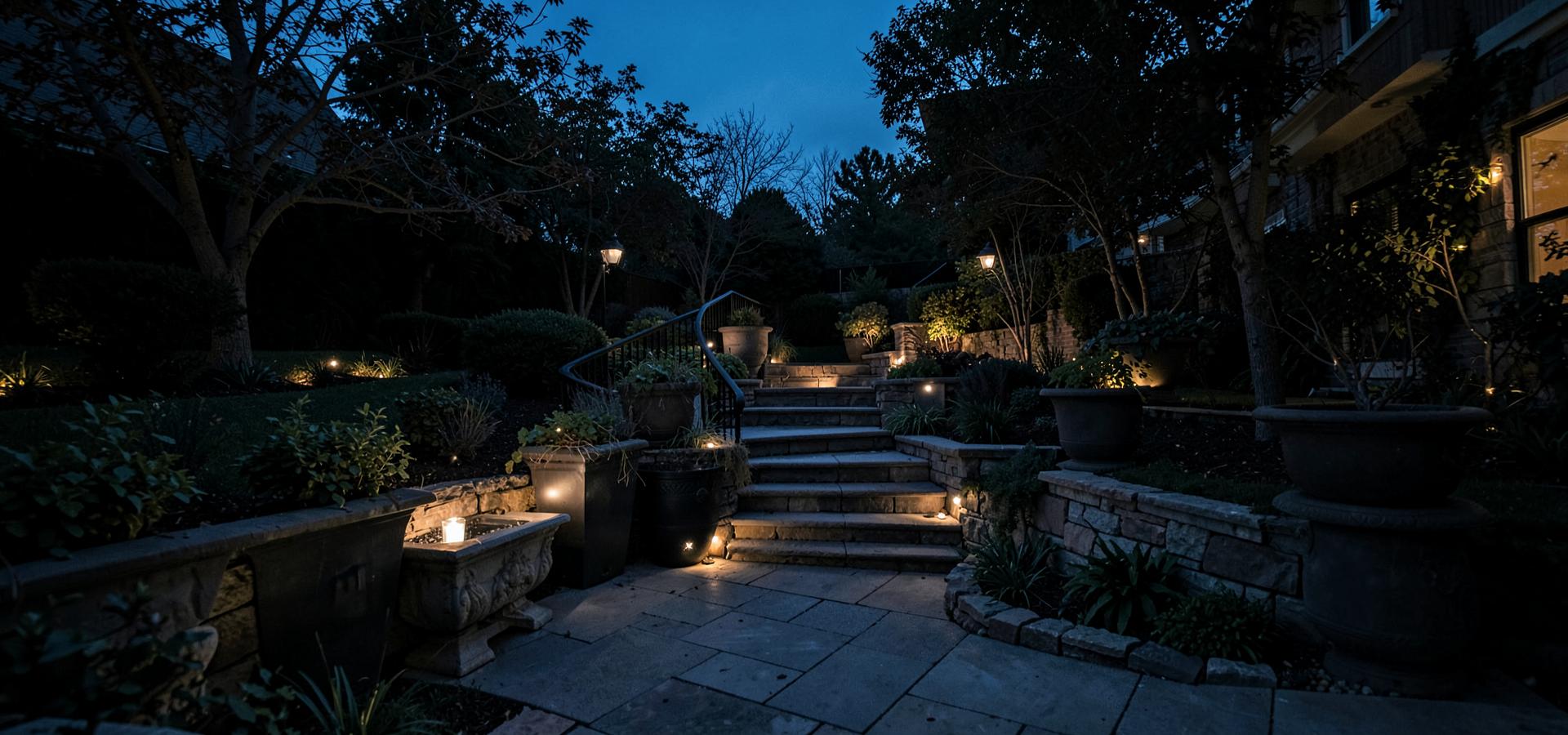 Placeholder: lit stone stairway and planters in an evening garden