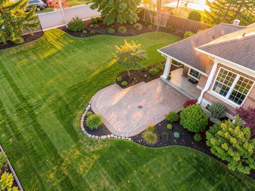 Placeholder: aerial view of a landscaped backyard with paver patio