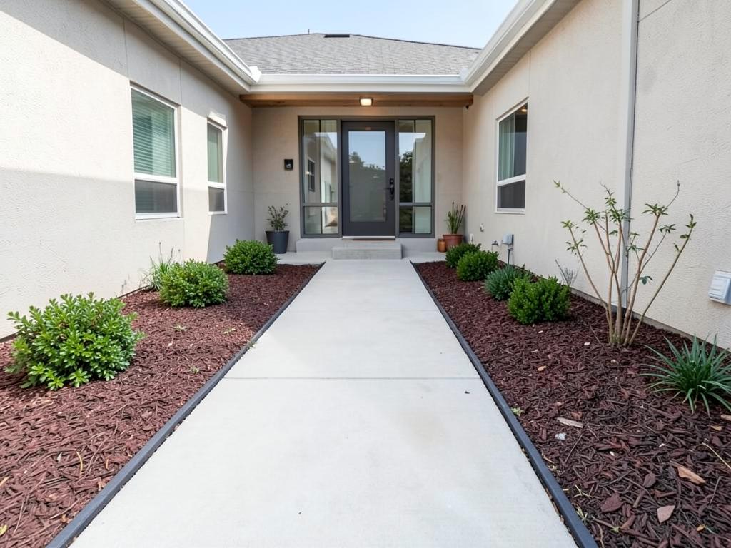 Placeholder: front yard landscaping with concrete walkway