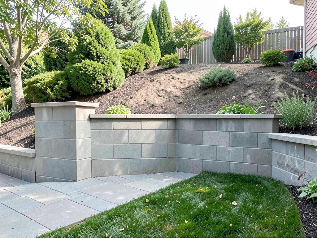 Placeholder: block retaining wall on a sloped yard