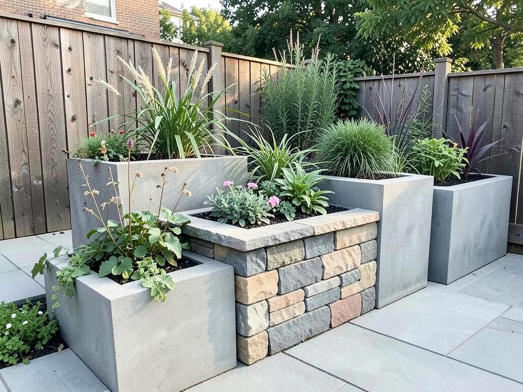 Custom stone planters and garden beds in a backyard