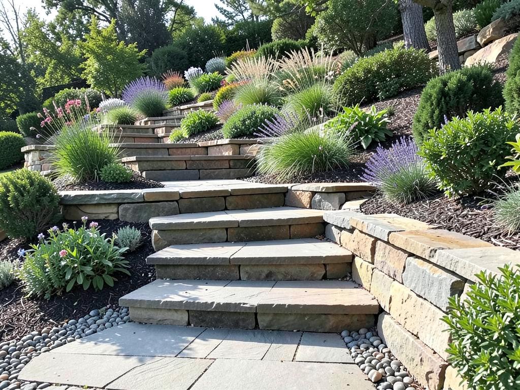 Natural stone outdoor stairway and walkway in a landscaped garden