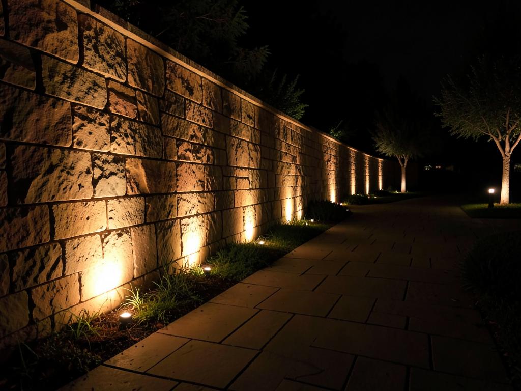 Placeholder: outdoor lighting along a stone wall at night