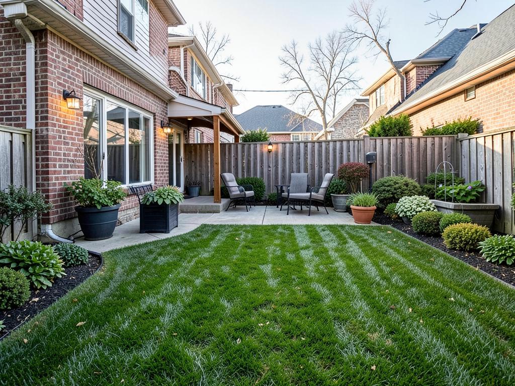 Renovated backyard landscape with new lawn, patio and planting beds